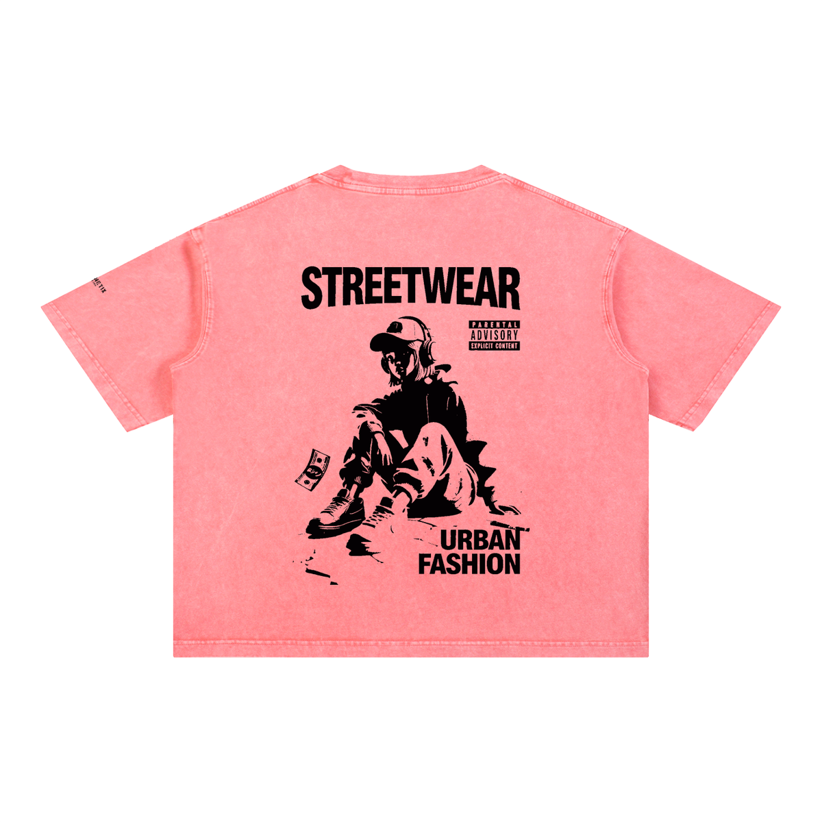 A pink mineral-wash short-sleeve t-shirt shown from the back, featuring a large black graphic of a person sitting with a dollar bill and the text 'STREETWEAR' and 'URBAN FASHION' printed on it.