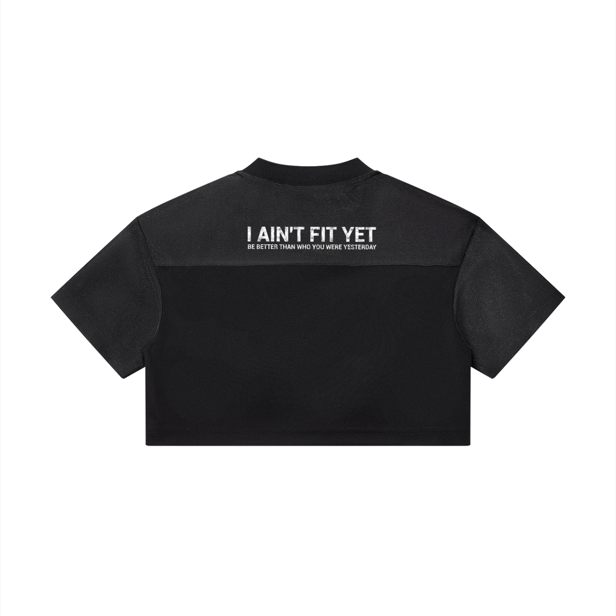 Black crop top with white text on a white background
