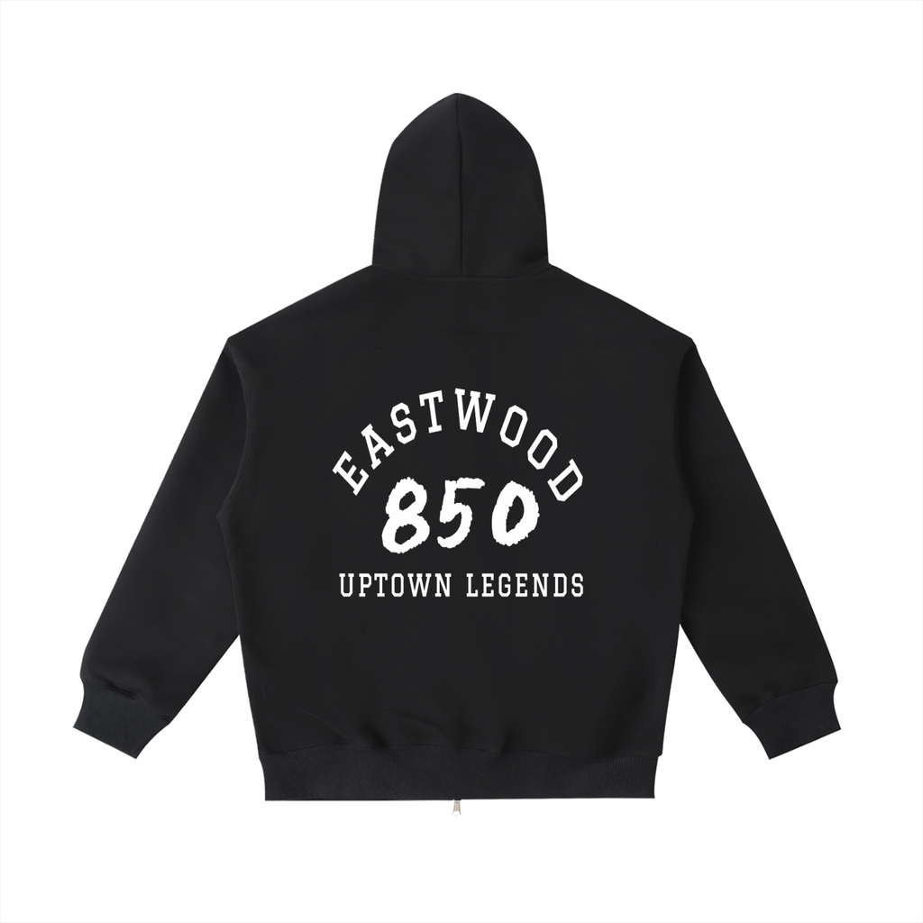 Black hoodie with 'Eastwood 850 Uptown Legends' text on the back against a white background