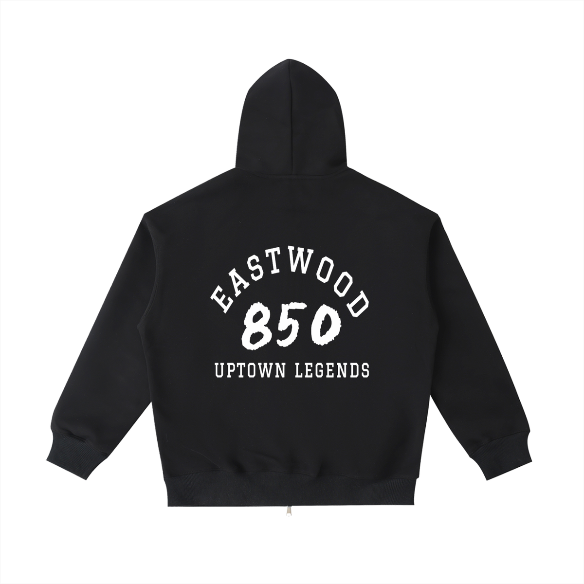 Black hoodie with 'Eastwood 850 Uptown Legends' text on the back against a white background
