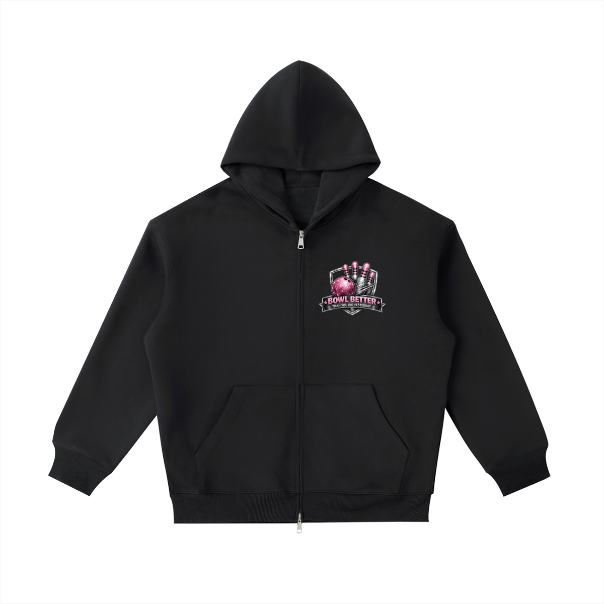 Black hoodie with a white logo on a white background