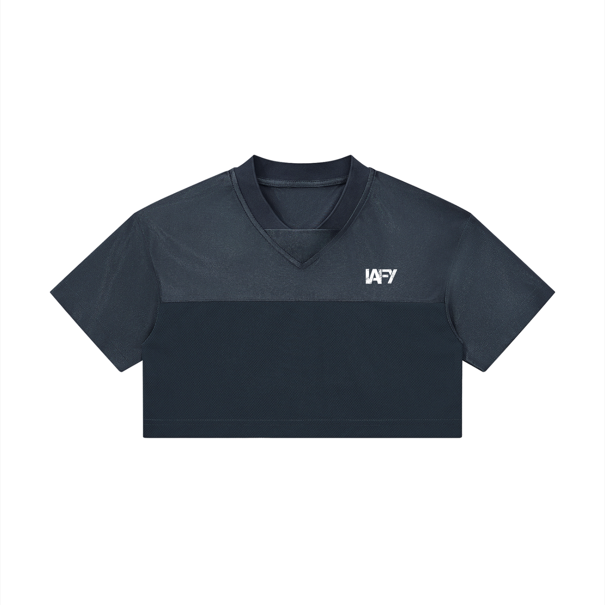 Navy blue crop top with a logo on a white background