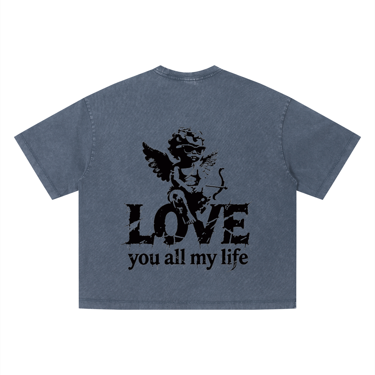 Blue t-shirt with black graphic and text on a white background