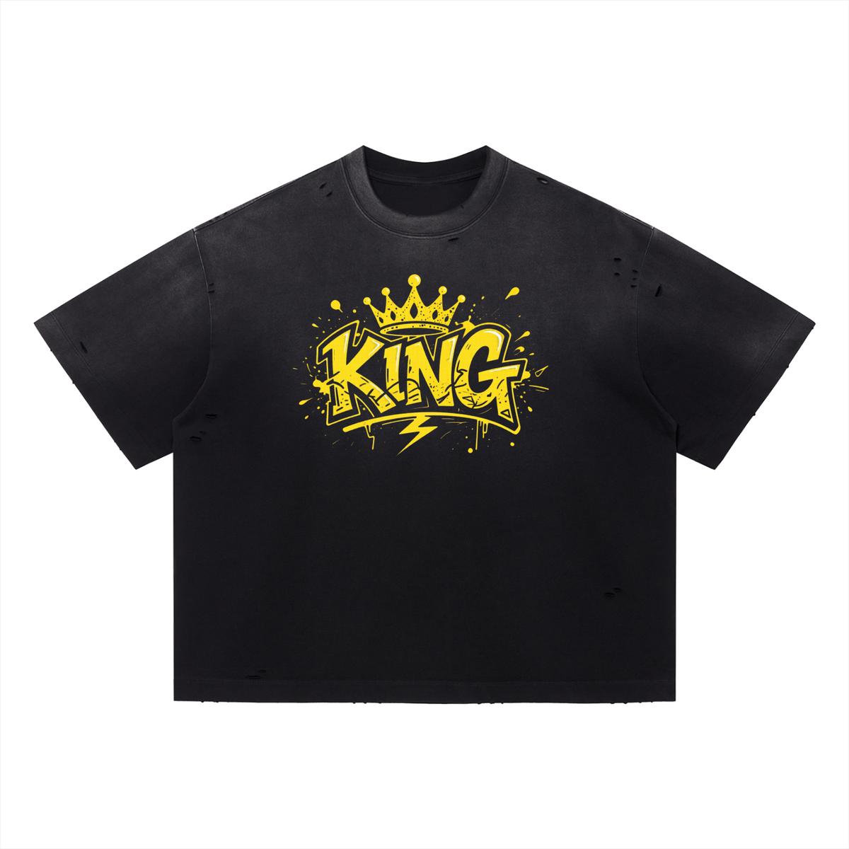 Black t-shirt with yellow 'King' graphic design on a white background