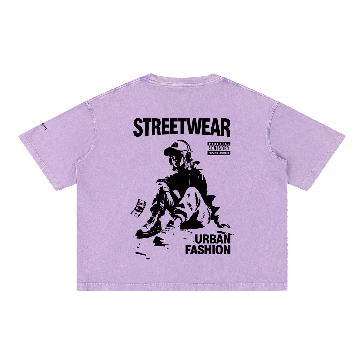 A light purple short-sleeve t-shirt with a black graphic print on the back. The graphic features the text 'STREETWEAR' and 'URBAN FASHION' surrounding an illustration of a person sitting on the ground with a dollar bill, and a Parental Advisory label.