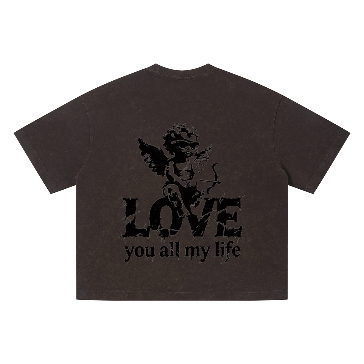 Black t-shirt with angel graphic and 'LOVE you all my life' text on a white background
