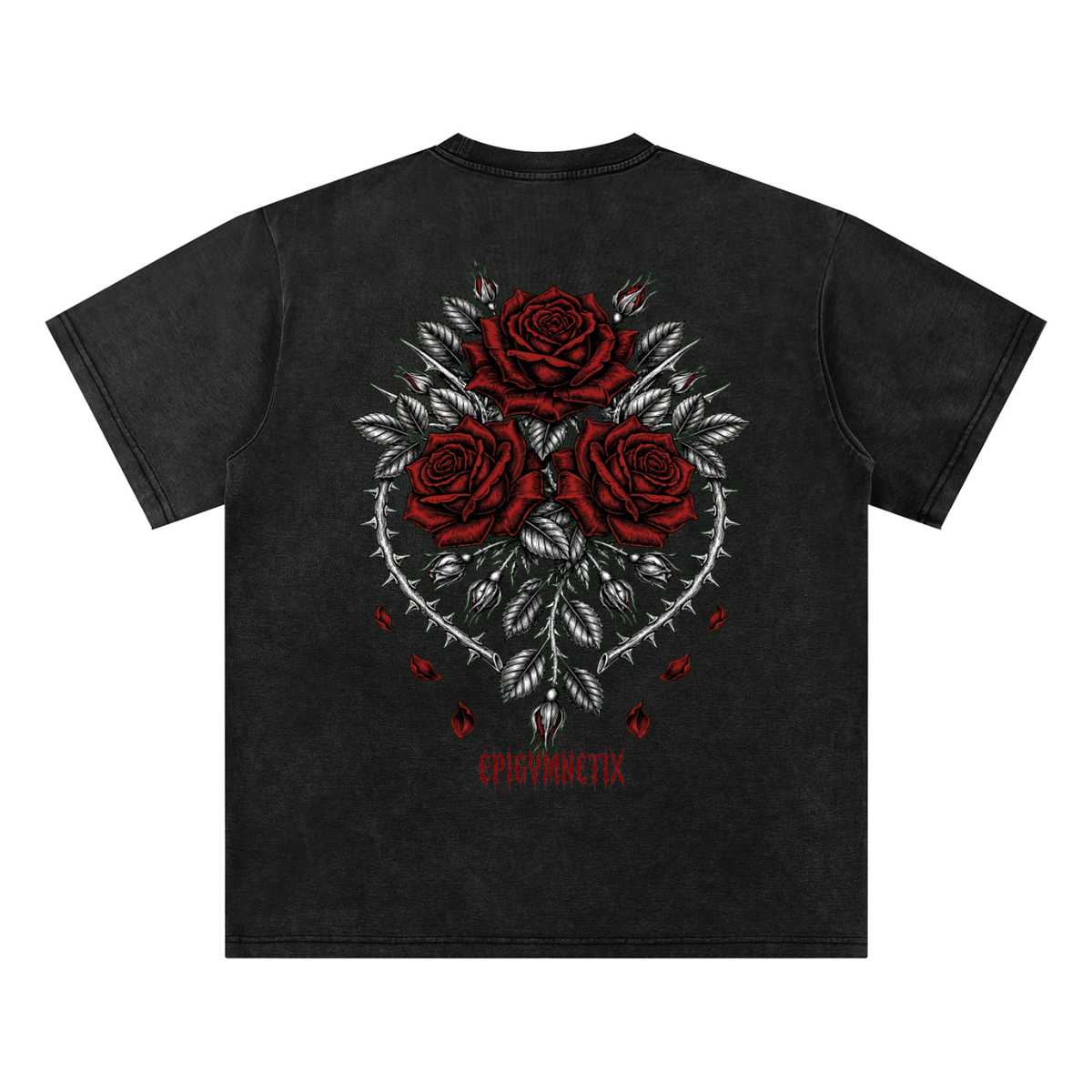 A black short-sleeve t-shirt with a large graphic on the back featuring three red roses, thorny heart details, and the word 'EPISTYMETIK' printed in red below the design.