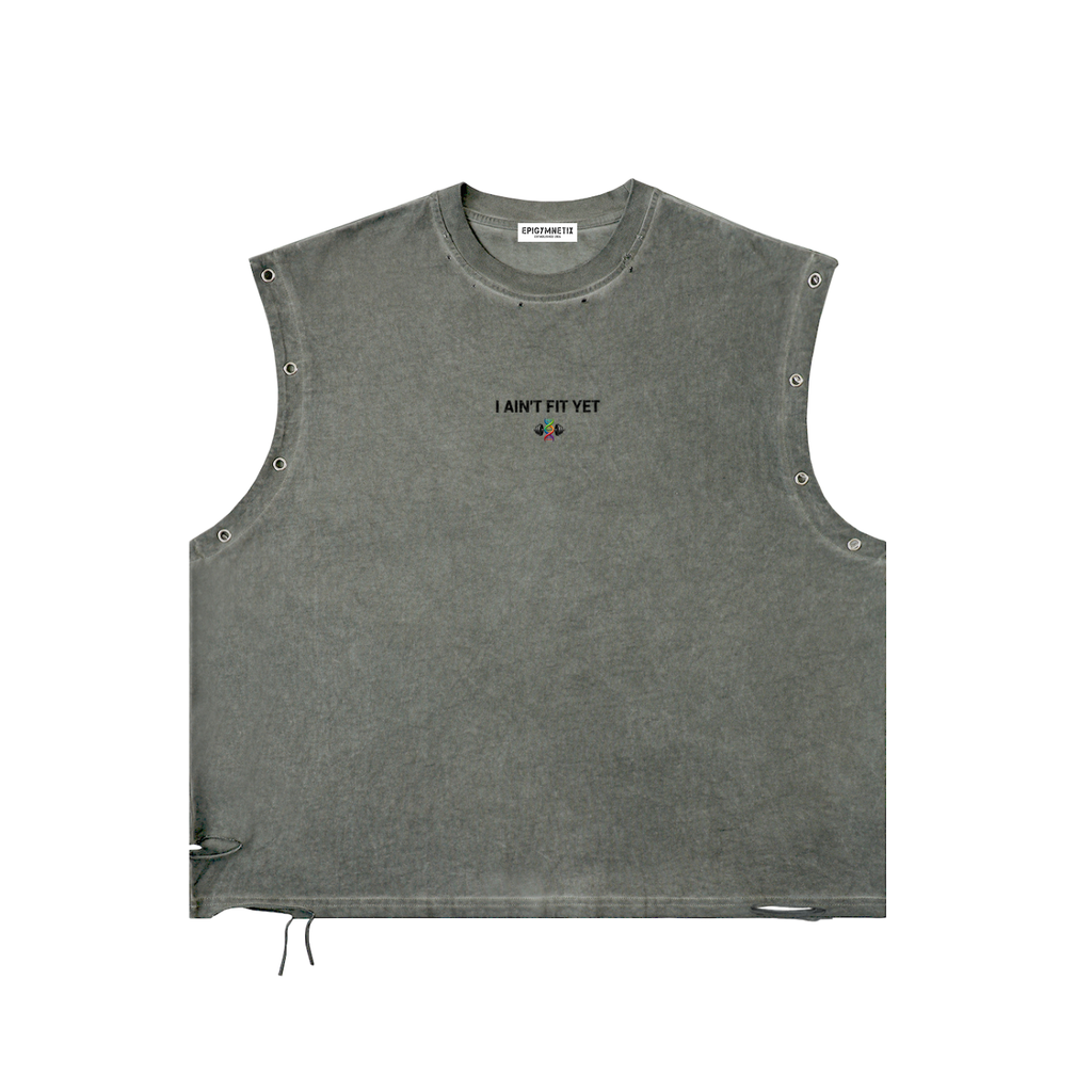 I AIN'T FIT YET - Distressed Grommet Eyelet Tank Top