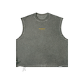 A sleeveless cropped tank top in a washed charcoal gray color, featuring metal grommets along the shoulder seams and a drawstring hem, shown flat on a white background.