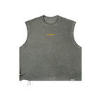 A sleeveless cropped tank top in a washed charcoal gray color, featuring metal grommets along the shoulder seams and a drawstring hem, shown flat on a white background.
