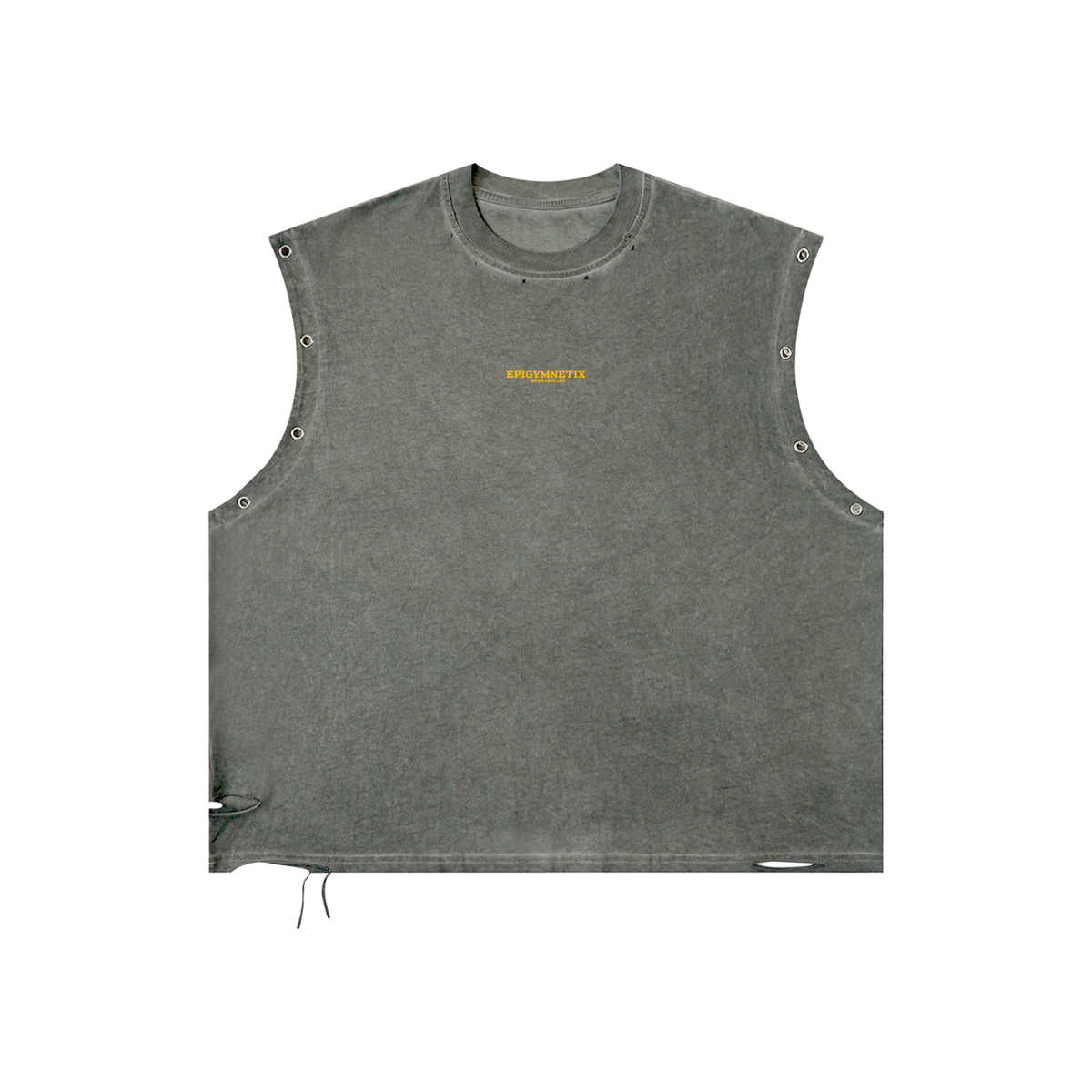 A sleeveless cropped tank top in a washed charcoal gray color, featuring metal grommets along the shoulder seams and a drawstring hem, shown flat on a white background.