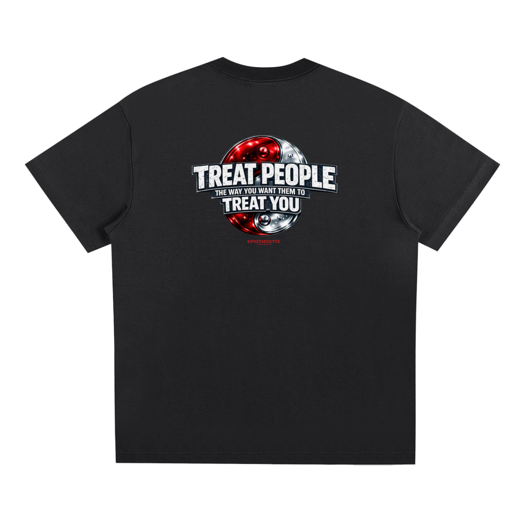A black short-sleeve t-shirt shown from the back, featuring a circular graphic print with the text 'TREAT PEOPLE' and 'THE WAY YOU WANT ME TO TREAT YOU' in white over a red and silver design.