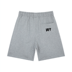 Gray shorts with a black logo on a white background