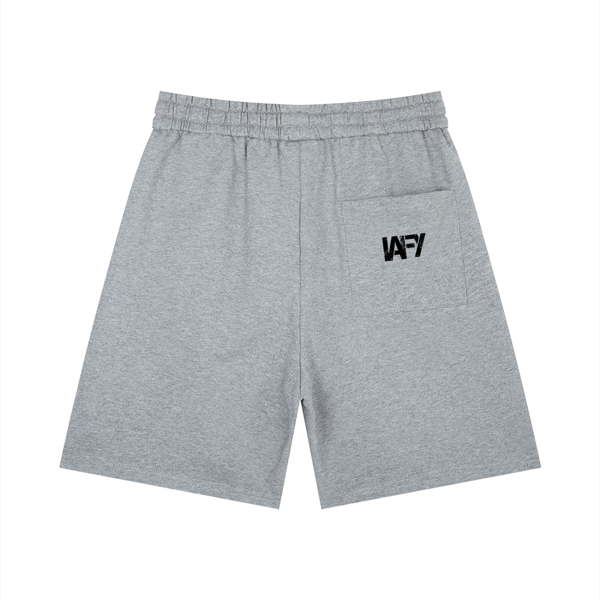 Gray shorts with a black logo on a white background