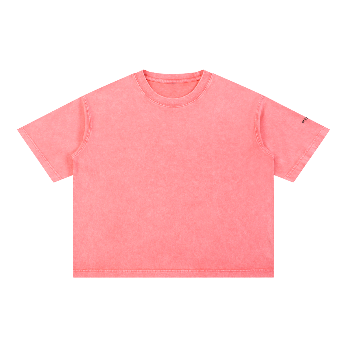 A short-sleeve crewneck t-shirt in a washed coral pink color, presented flat against a solid white background.