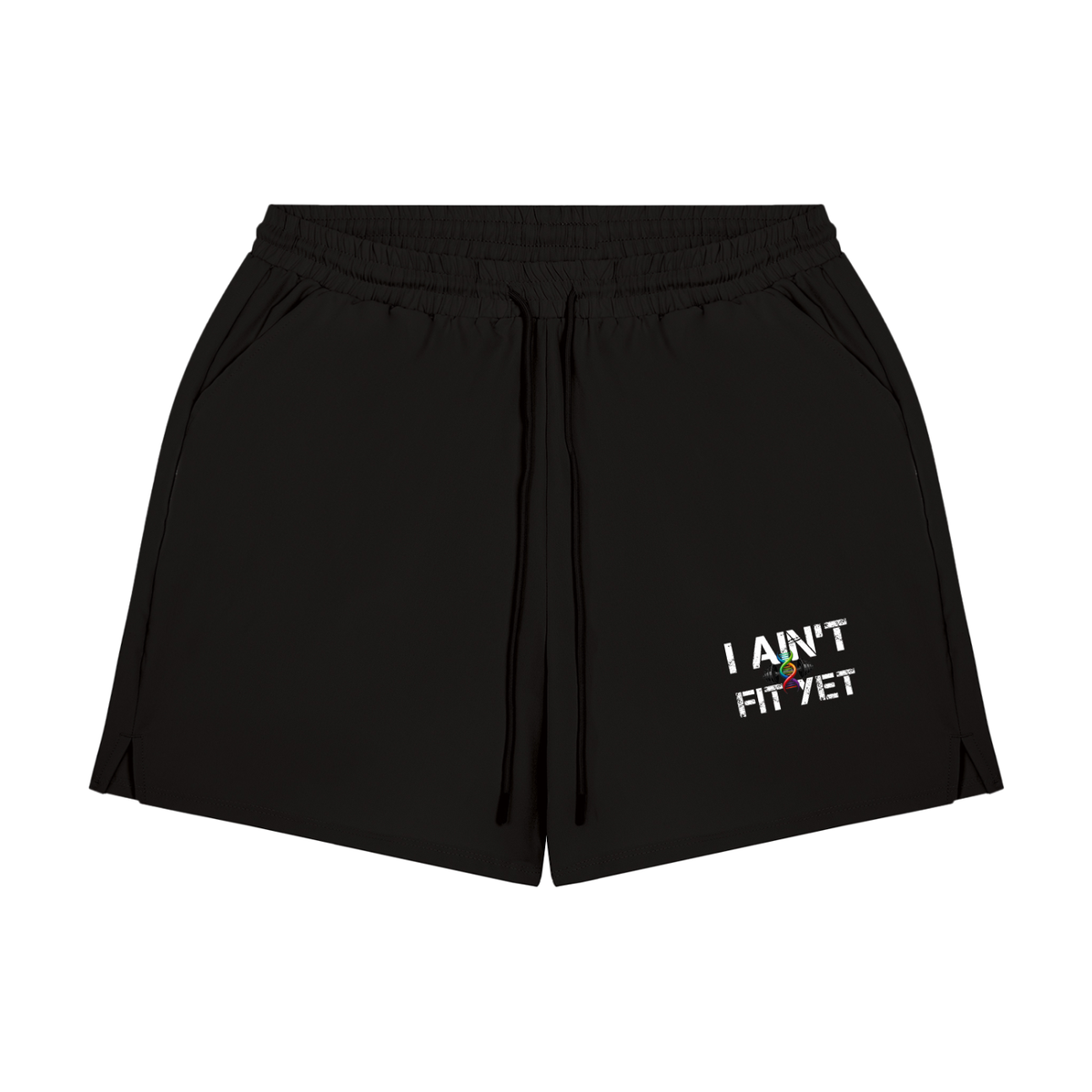 Black athletic shorts with an elastic waistband and drawstring, featuring a white 'G.R.