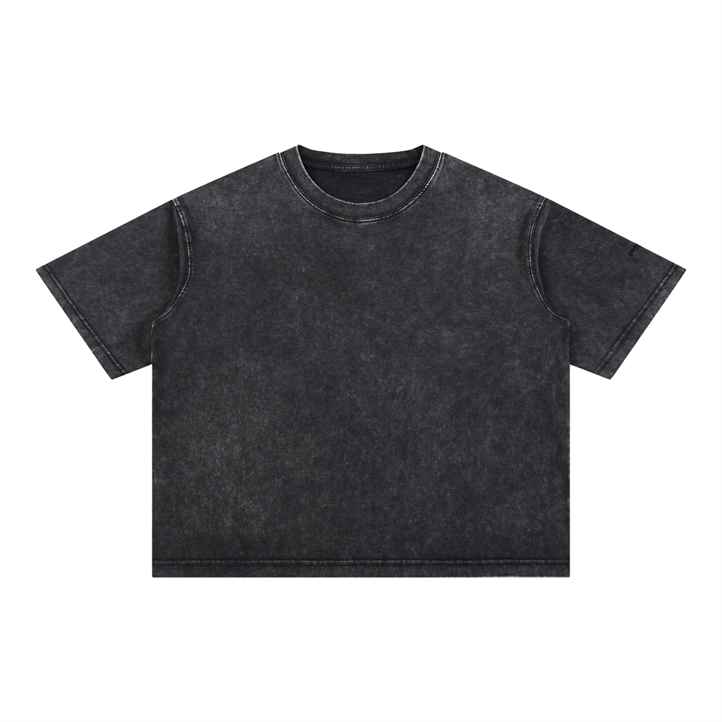 A short-sleeve crewneck t-shirt in a washed black or charcoal gray color, presented flat against a solid white background.