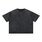 A short-sleeve crewneck t-shirt in a washed black or charcoal gray color, presented flat against a solid white background.
