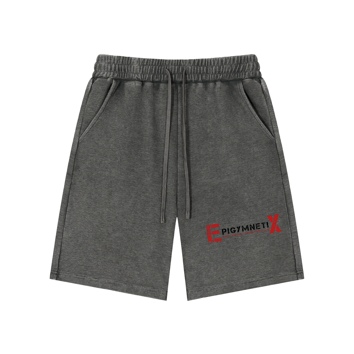 Gray shorts with a red and black logo on a white background