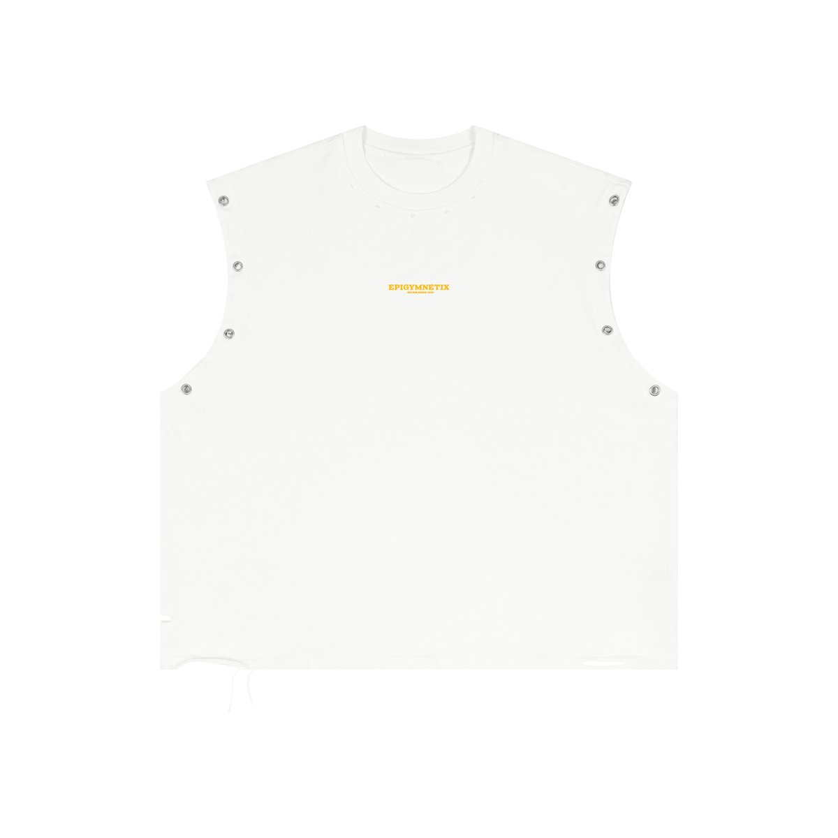 A white sleeveless crop top with silver snap button details along the shoulders and sides, featuring a small yellow 'SPRECHENST' logo printed on the chest, shown against a plain white background.