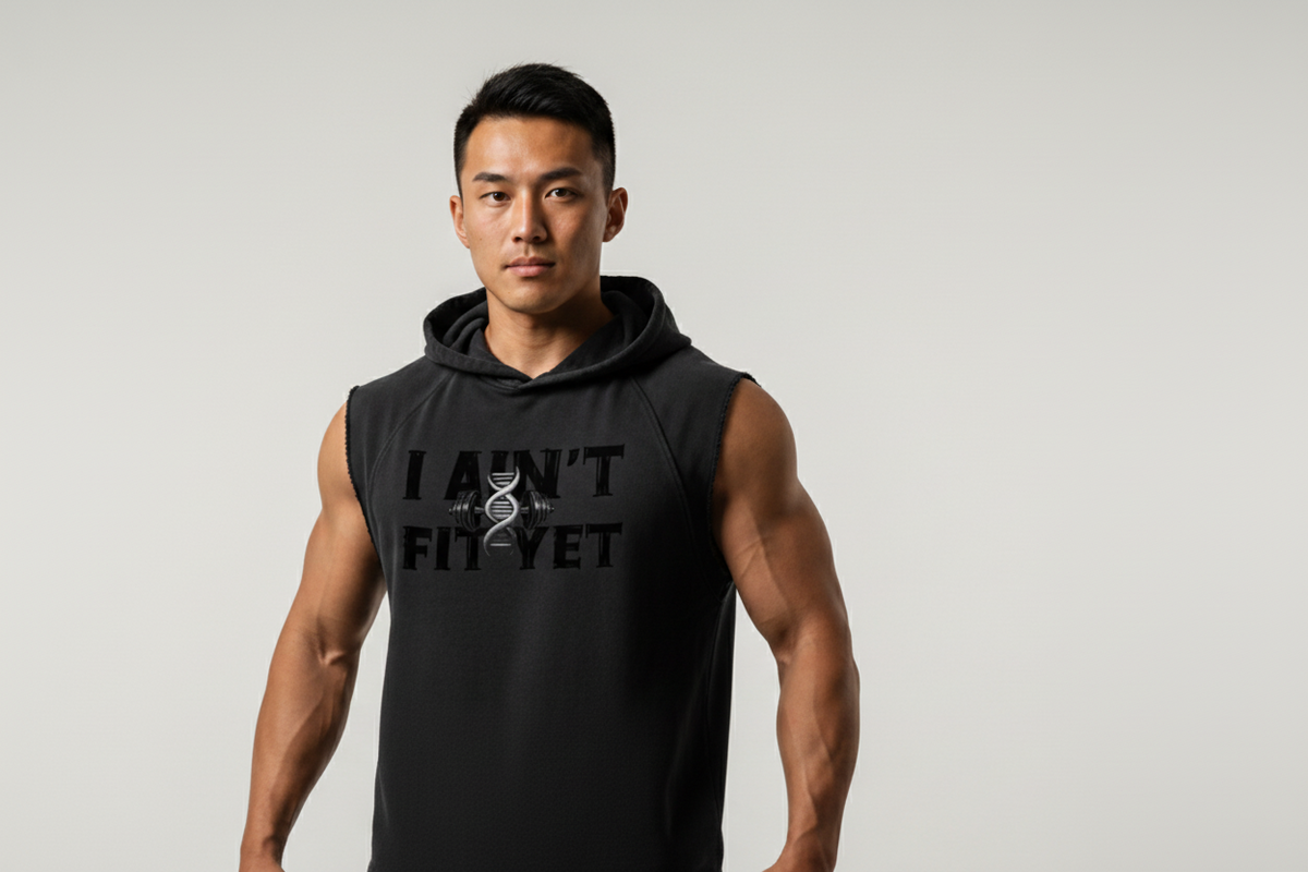 Man wearing a black sleeveless hoodie with text on a plain background