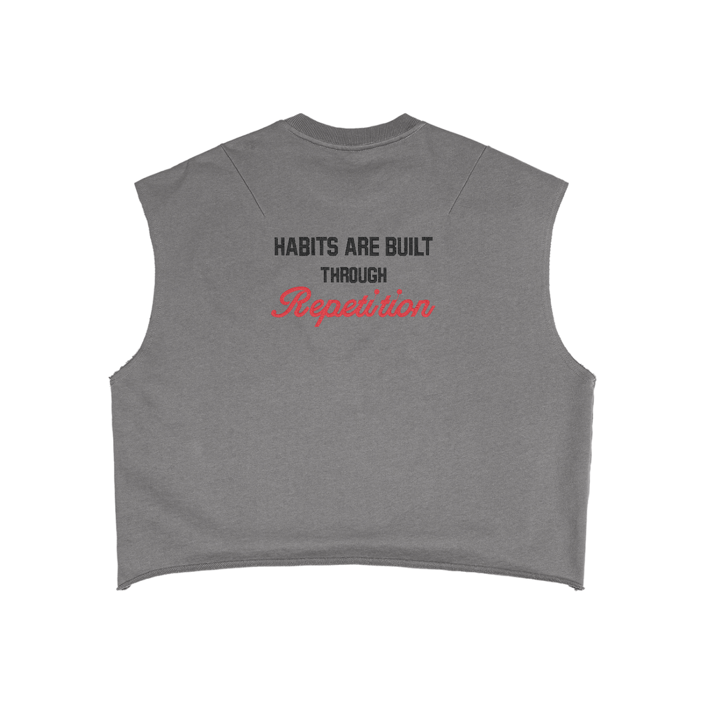 Gray sleeveless top with red text 'Iron Aesthetics' on a white background