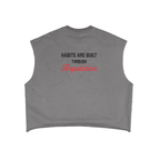 Gray sleeveless top with red text 'Iron Aesthetics' on a white background