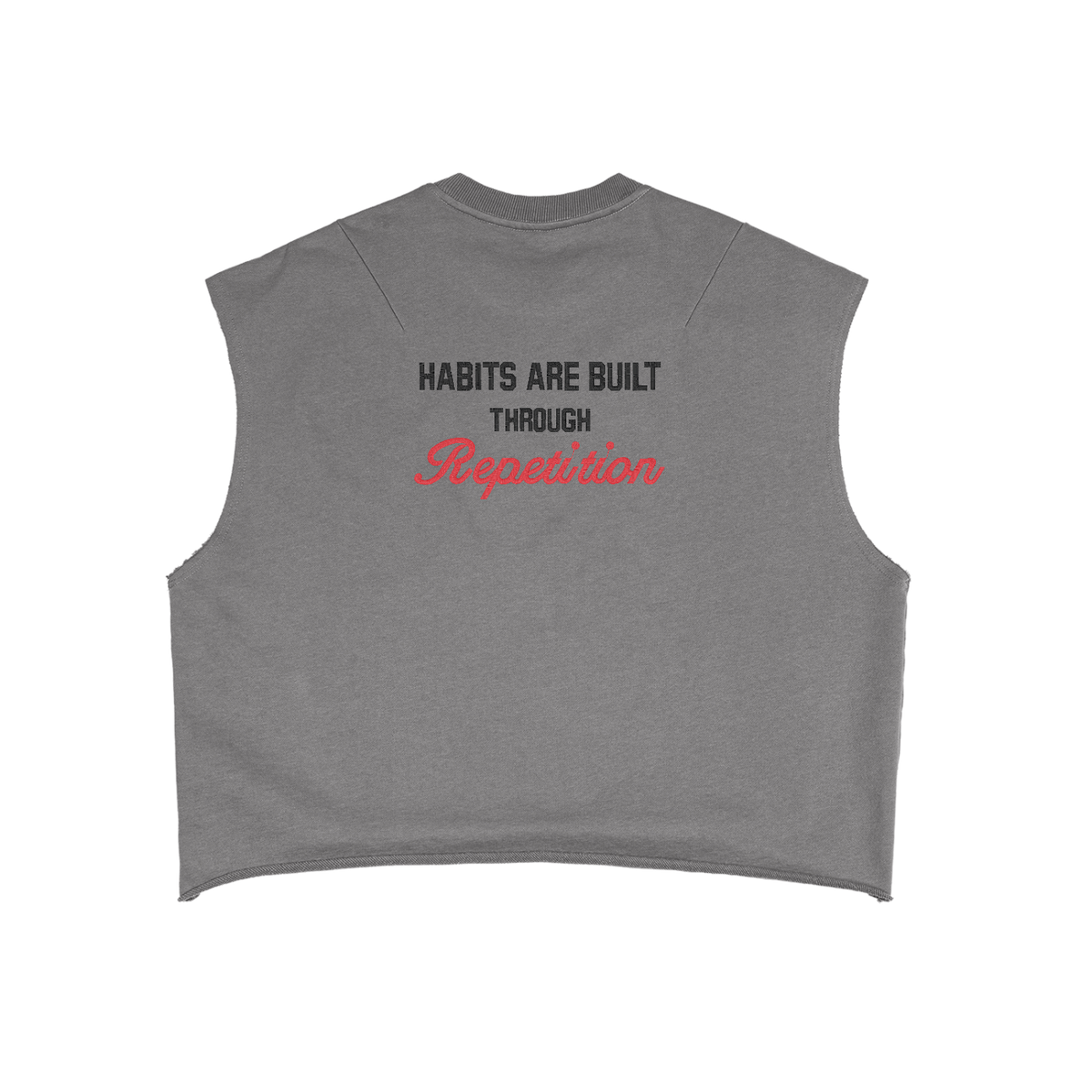 Gray sleeveless top with red text 'Iron Aesthetics' on a white background
