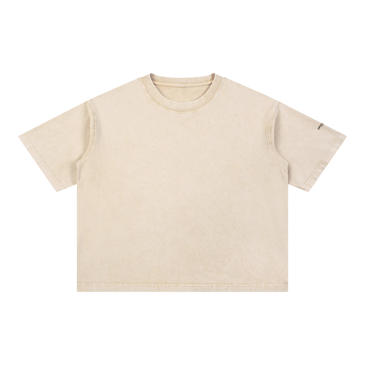 A short-sleeve crewneck t-shirt in a washed, light beige color, shown flat against a solid white background.