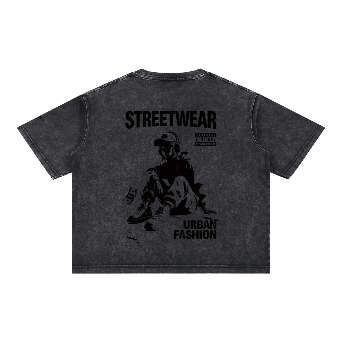 A dark gray acid-wash t-shirt shown from the back, featuring a black graphic of a person sitting with the text 'STREETWEAR' and 'URBAN FASHION' printed on it.
