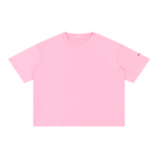 A light pink short-sleeve crewneck t-shirt laid flat against a solid white background.