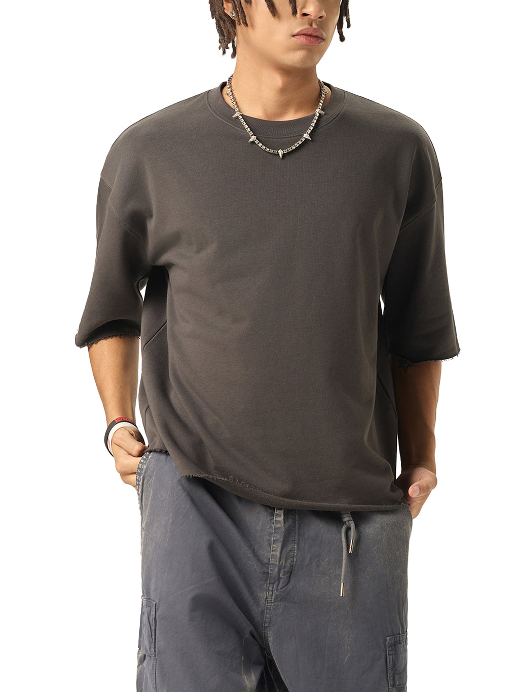 Epi-Night Out(Embro) - Boxy Half-Sleeve Raw-Edge T-Shirt