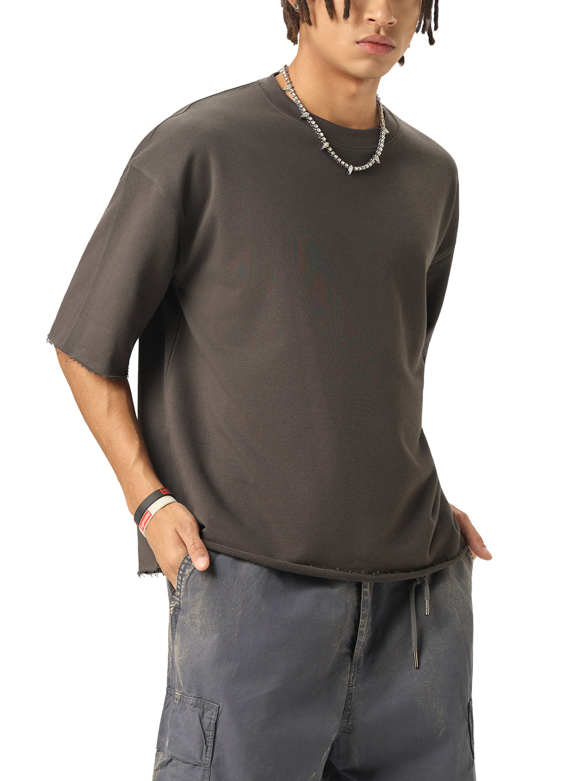Epi-Night Out(Embro) - Boxy Half-Sleeve Raw-Edge T-Shirt