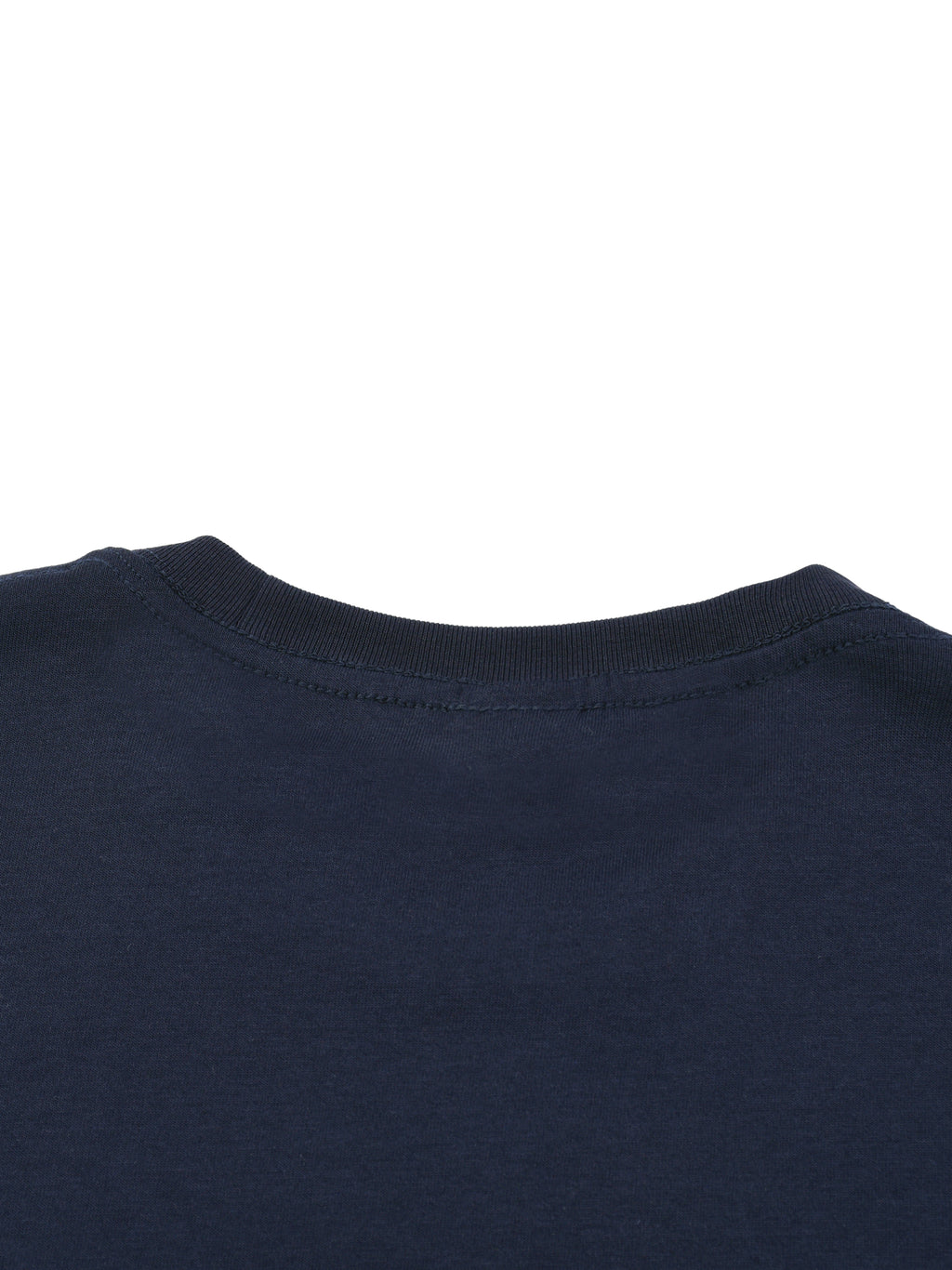 Close-up of a navy blue t-shirt collar on a white background