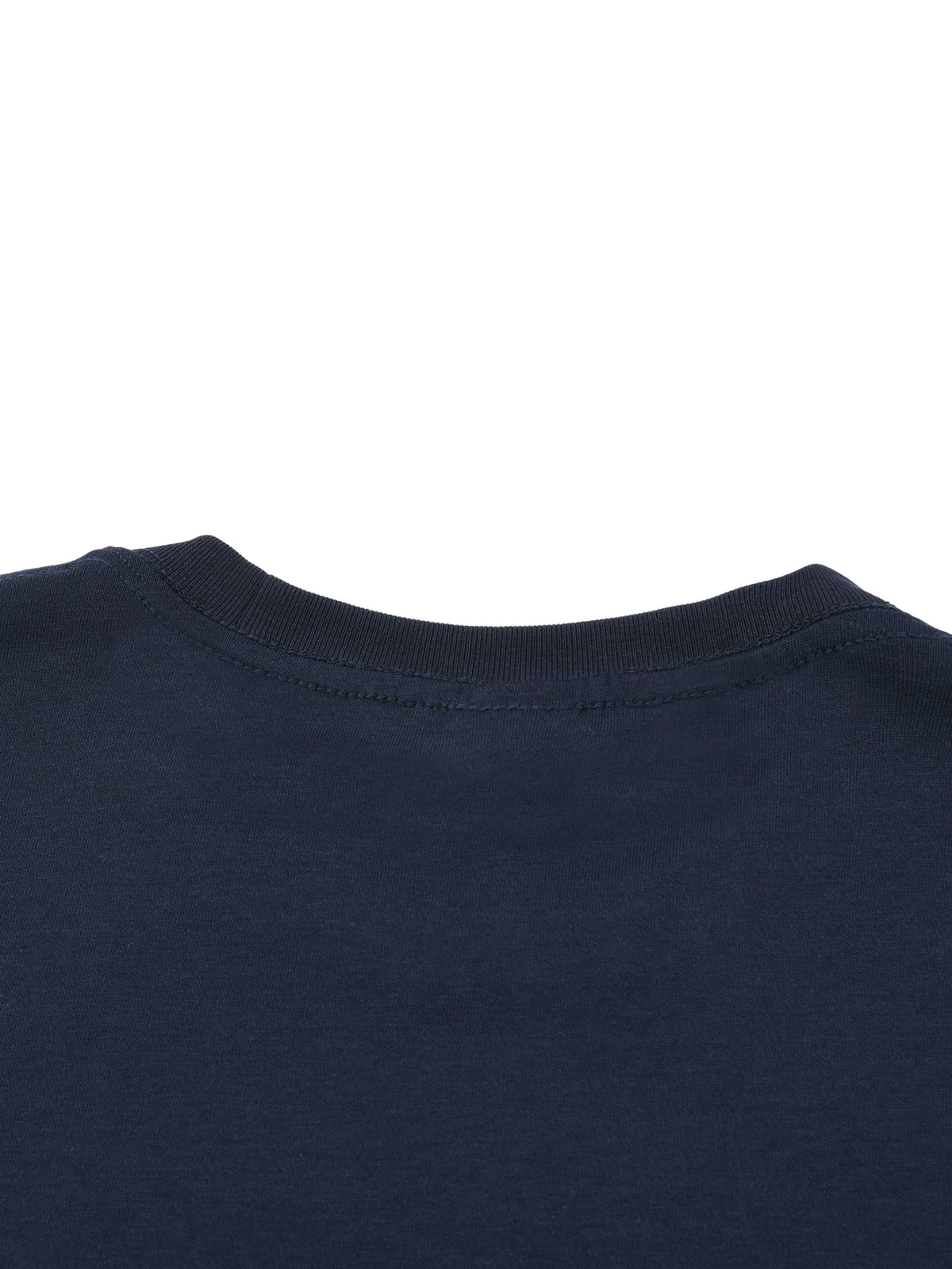Close-up of a navy blue t-shirt collar on a white background